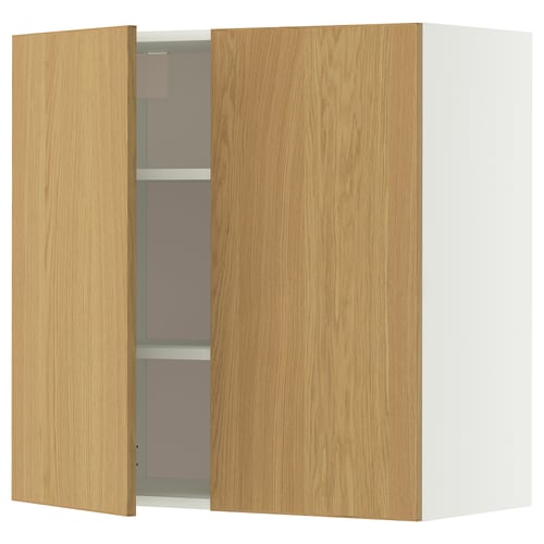 A light wood-colored wall cabinet with a single open door. The cabinet sleek, modern lines and adjustable shelves.