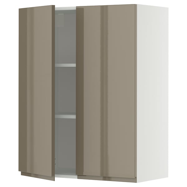 Modern white cabinet with brown glass doors, sleek design.