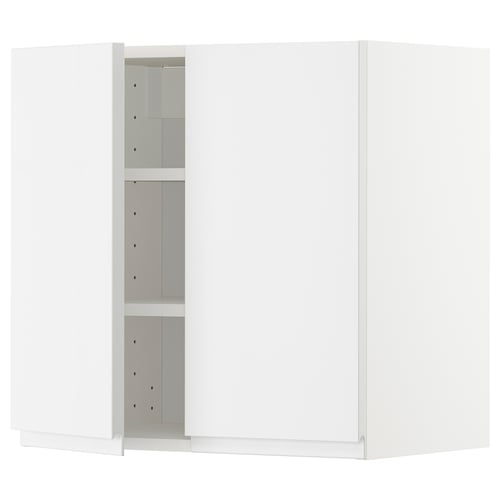White METOD kitchen cabinet with glossy finish, two adjustable shelves, modern design.