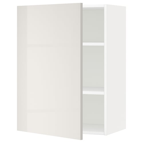 A white METOD kitchen cabinet with a sleek, high-gloss finish and two adjustable shelves. Rectangular, modern design with clean lines.