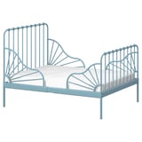 A MINNEN bed, light blue in colour, with metal framing and an extendable feature for growing children.