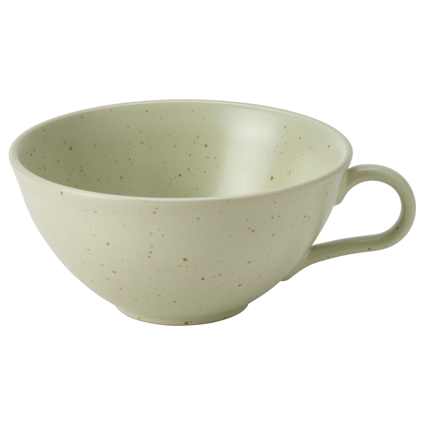 Light green speckled ceramic mug with handle, designed by IKEA.