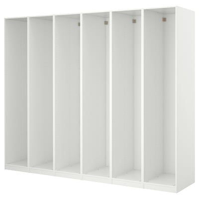A white PAX wardrobe with multiple sections, made of particleboard and paper foil. Its rectangular and minimalist in design.