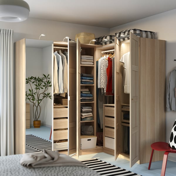 PAX / BERGSBO/ÅHEIM Corner wardrobe, white stained oak effect/oak veneer, 161/111x201 cm