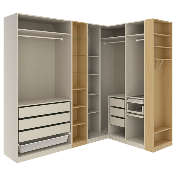 PAX Corner wardrobe, grey-beige grey-beige/oak effect, 245/180x236 cm