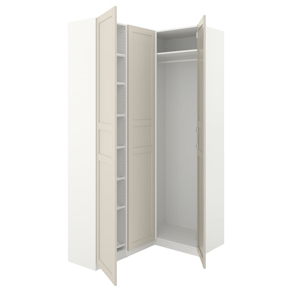 White PAX wardrobe with open doors, displaying shelves.