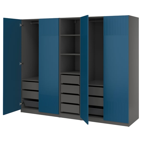 Blue PAX wardrobe, four doors, two shelves, two drawers, foldable design.