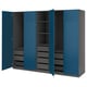 Blue PAX wardrobe, four doors, two shelves, two drawers, foldable design.