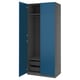 Blue modern wardrobe with open doors, mesh baskets, and hanging rod.