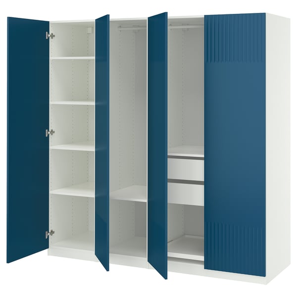 PAX wardrobe: white & blue, open doors, shelves.