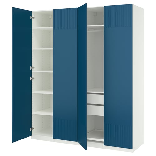 Blue & white wardrobe: PAX, textured doors, adjustable shelves.