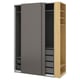 PAX wardrobe: grey & light wood sliding doors, multi-compartment, modern & organised.