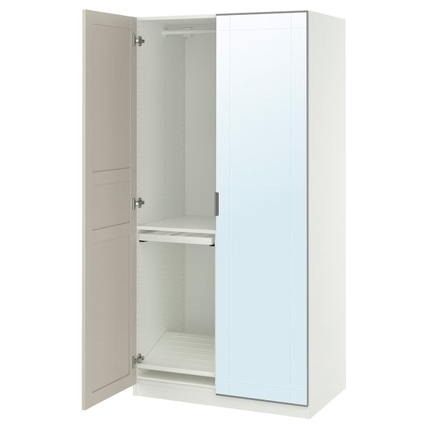Ikea PAX wardrobe: white, mirrored door, beige panel, adjustable shelves.