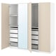 Beige PAX wardrobe with mirrored centre, open doors showing shelves and drawers.