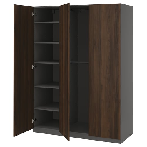 PAX wardrobe, brown, wood, tall, four doors, two open showing shelves.