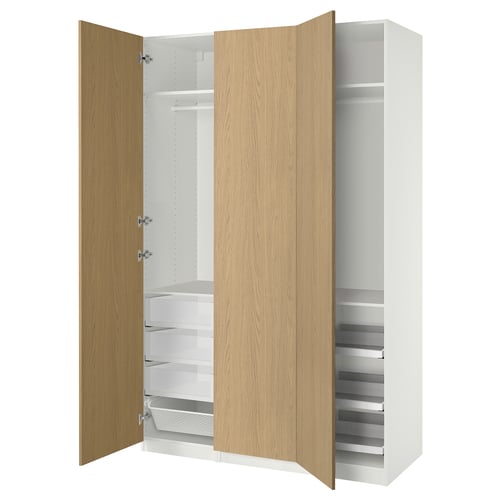 Modern storage unit: PAX wardrobe, light wood & white, shelving & drawers.