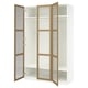 White PAX wardrobe with oak trim, glass doors open revealing shelves and rail.