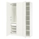 White PAX wardrobe with open doors, shelves, mesh baskets, and soft-close hinges.