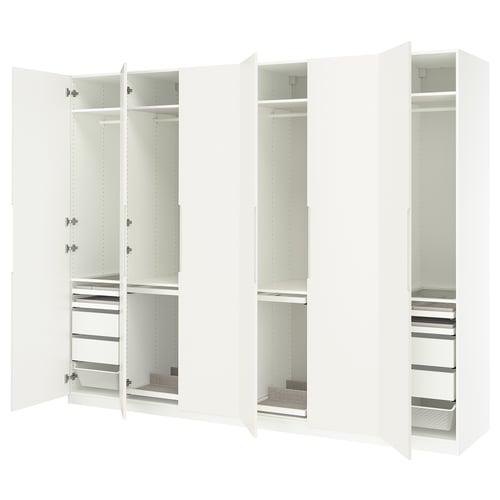 A white PAX wardrobe with multiple compartments and drawers, offering ample storage.