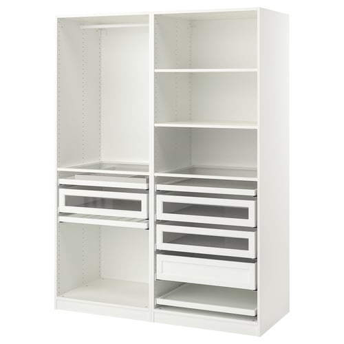 Ikea PAX white wardrobe with glass drawers and shelves.