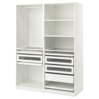 Ikea PAX white wardrobe with glass drawers and shelves.