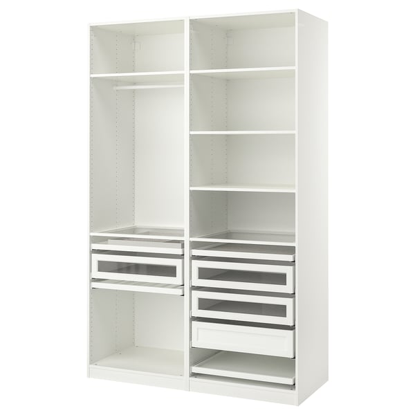 A white ikea PAX wardrobe with shelves, drawers, and a hanging rod for clothes. It glass-fronted drawers and adjustable feet.