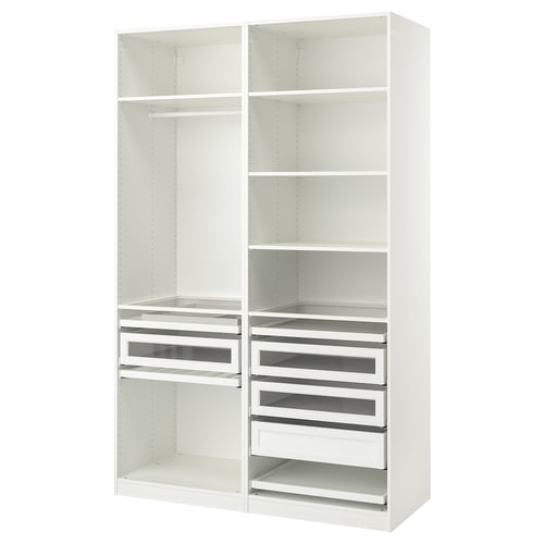 A white ikea PAX wardrobe with shelves, drawers, and a hanging rod for clothes. It glass-fronted drawers and adjustable feet.