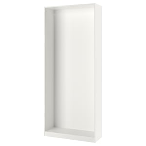 White PAX wardrobe frame, narrow design, adjustable feet, recycled paper material.