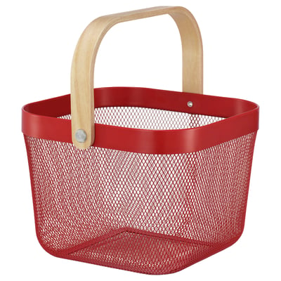 Red RISATORP mesh basket with wooden handle for fruits or storage.