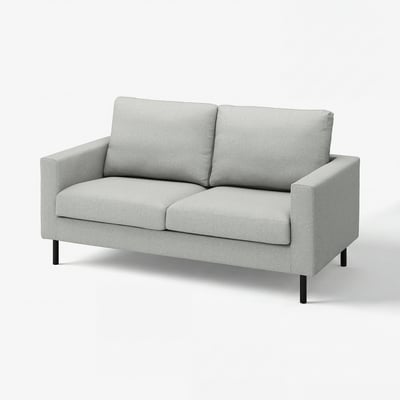 Modern grey fabric loveseat, sleek design, two cushions, black legs.