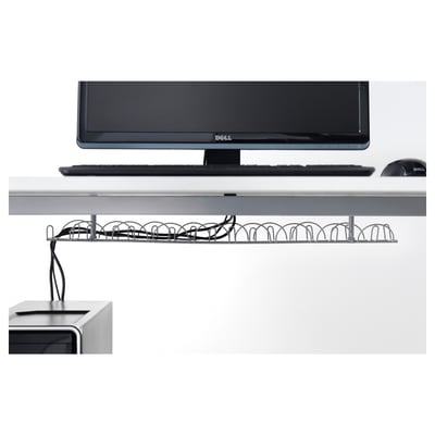 Workstation with dell monitor, keyboard, mouse, and cable management tray.