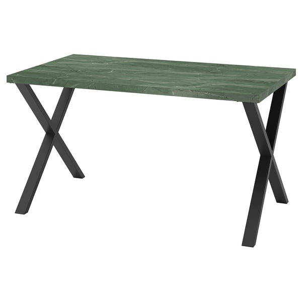 SKÅLSTA Table, dark grey-green marble effect/X-shaped black-grey, 140x80 cm