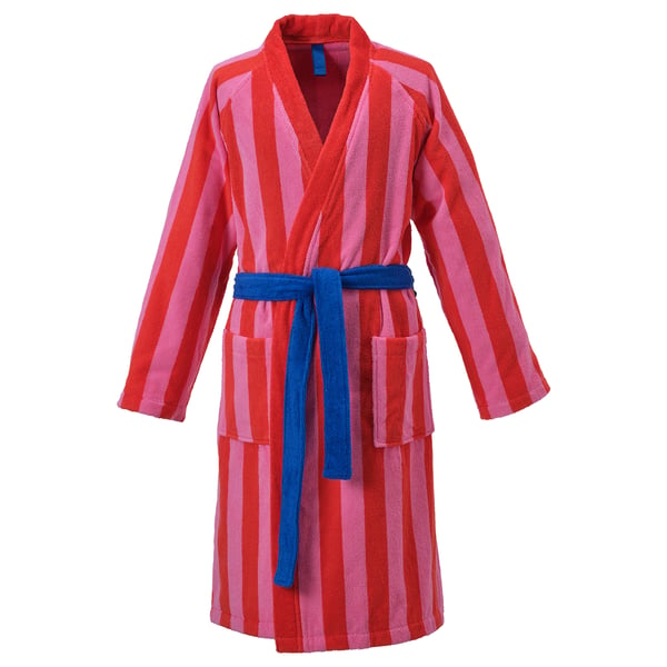 Colourful striped red-pink robe with blue belt and pockets.