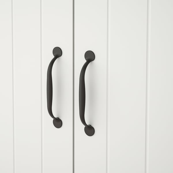 Two vertical white panels with black handles. Simple and elegant design, showcasing smooth surfaces and sturdy handles.