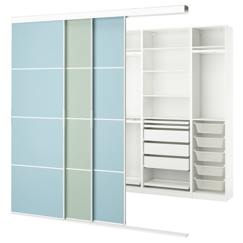 A modern white wardrobe with blue-green-tinted sliding doors and internal adjustable shelves, drawers, and baskets.