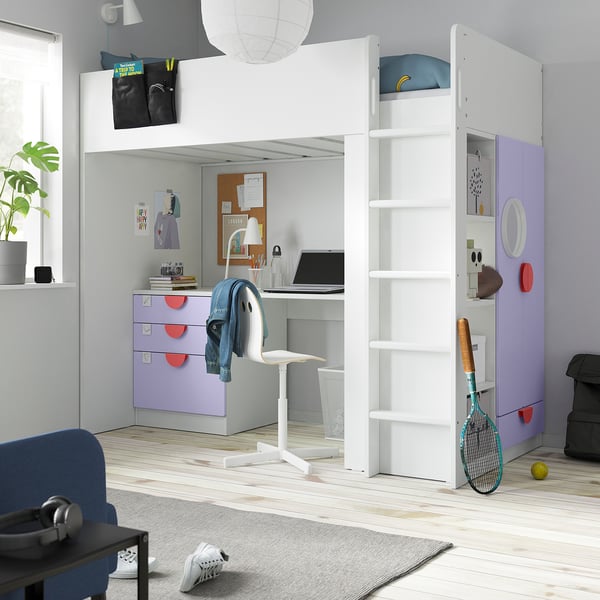 Kids bedroom with SMÅSTAD loft bed, desk, and wardrobe. White with purple accents, fits compactly.