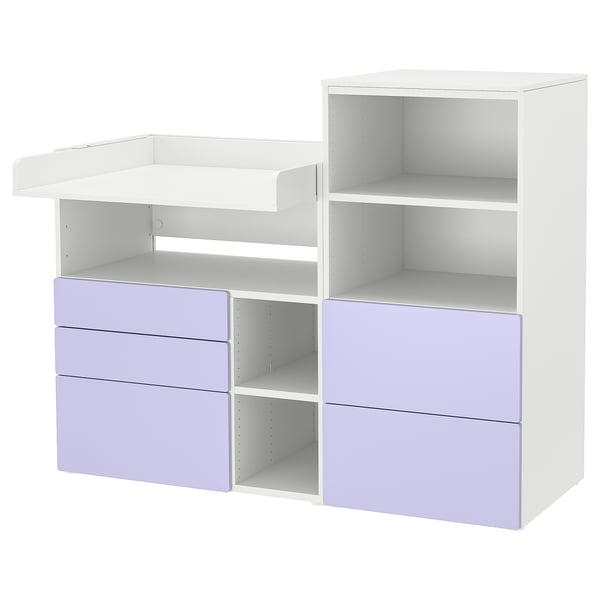 The SMÅSTAD unit white and lilac drawers, with open shelves for storage, perfect for a nursery or childs room.