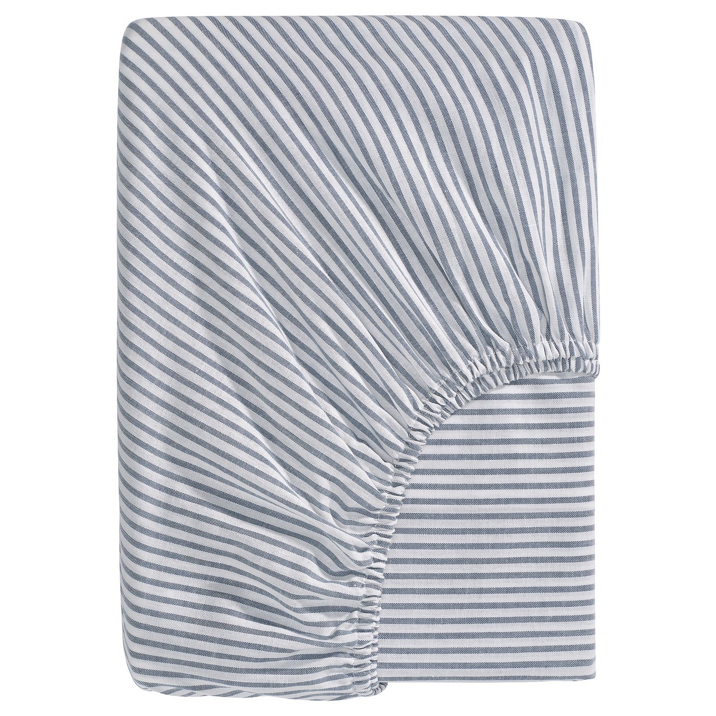 A blue and white striped fitted sheet named SOLFIBBLA made of 100% cotton with recycling content. Rectangular shape with elastic sides.