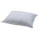 Blue and white striped pillow with recycled cotton material. Rectangle shape, laid flat on white surface.