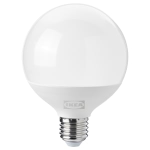 IKEA SOLHETTA warm-white led bulb, round shape, white colour.