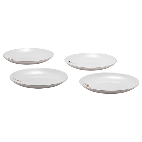 Four white, shallow ceramic bowls with unique edge designs. Ideal for asian dishes or desserts, made of stoneware.