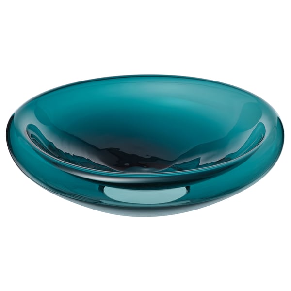 Handcrafted blue-turquoise glass bowl, organic shape.