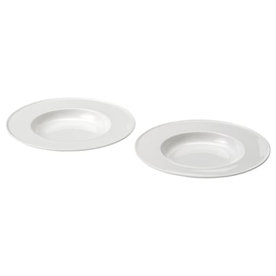 Two identical white porcelain dinnerware plates, flat rim. Elegant, stackable design.