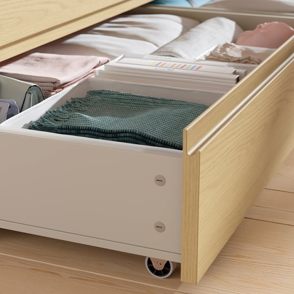 STORKLINTA Bed frame with 4 storage boxes, oak effect/Leirsund, 140x200 cm