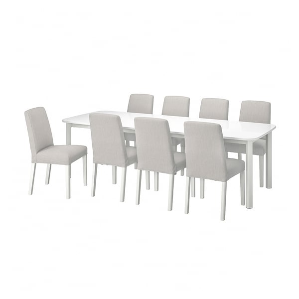 STRANDTORP white dining set includes rectangular table, 7 light grey fabric chairs, sleek design, sturdy wooden and metal construction.