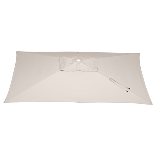 A beige, closed rectangular parasol canopy with a central vent and a strap with a buckle.