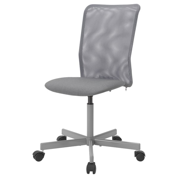 A modern grey TOBERGET office chair with a mesh back, adjustable height, and wheels.