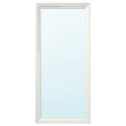 Is of a TOFTBYN mirror with a white frame and simple, moulded edges, suitable for vertical or horizontal hanging.