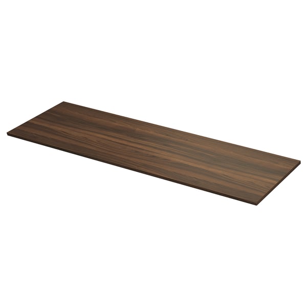 A TOLKEN dark walnut-colored rectangular laminate countertop. Its sleek design and warm, inviting look make it perfect for bathrooms.
