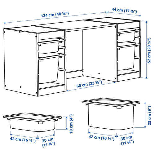 TROFAST Desk with storage boxes, light white stained pine/white white, 124x44x52 cm